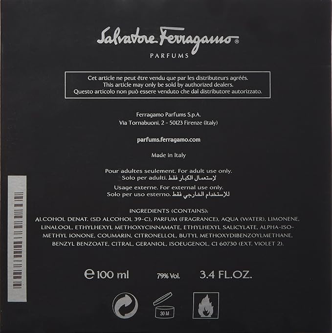 Salvatore Ferragamo Black For Men Eau De Toilette Natural Spray, 3.4 Fl Oz/100 ml