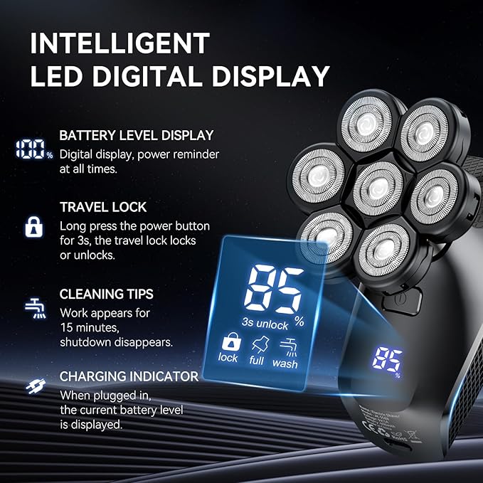 7D Head Shavers for Bald Men - 5 in 1 kensen Electric Head Hair Shaver, Head Electric Razor with Nose Hair & Beard Trimmer Cordless Rechargeable IPX6 Waterproof Wet Dry LED Display Gifts Travel Case