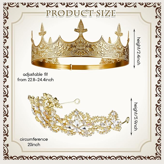Sureio 2 Pcs Antique Royal King Crown for Men Baroque Queen Crown for 2025 Graduation Prom Party Crystal Tiara Prom Cosplay Birthday Wedding Hair Headband Accessories(Elegant Style)