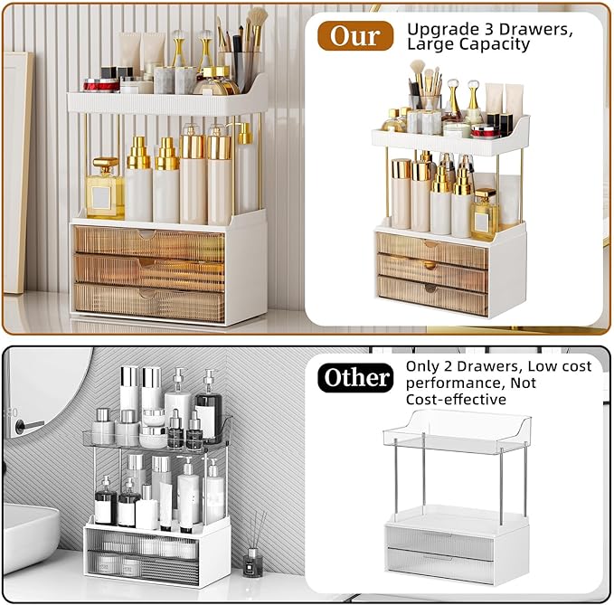 3 Drawers Makeup Organizer - 5 Tier Bathroom Organizers and Storage, Versatile Perfume Organizer, Vanity Organizer, Ideal for Cosmetic, Large Skincare, Face Mask, Office Supplies, Amber