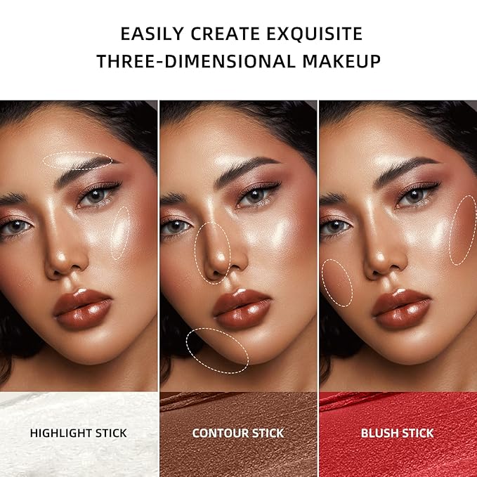 Contour Stick Makeup With Highlighter Blush Bronzer Sticks, Easy to Sculpt the Face and Create a Lightweight Finishing Makeup, Contour Stick Set for Beginners (Multiple, Large)