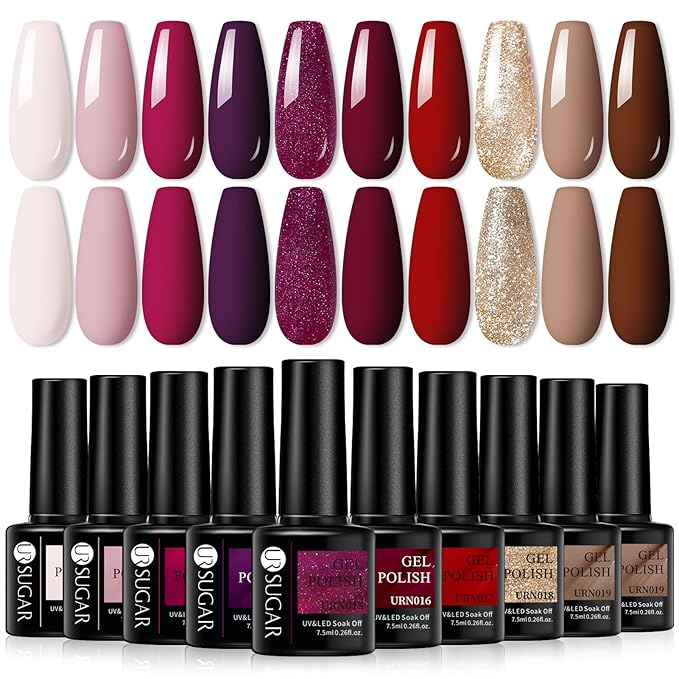 UR SUGAR Gel Nail Polish, 10 Colours Valentine's Purple Red Brown Light Pink Red Rose Gold Glitter Gel Polish Sets Soak Off Gel Nail Varnish Gifts for Women DIY Home