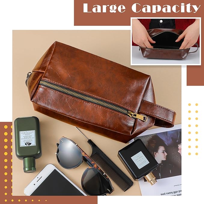 Hillban 10 Pcs Groomsmen Gift Leather Toiletry Bag for Men Travel Shaving Kit Bathroom Bag Make up Cosmetic Proposal Supplies for Wedding Favor Grooming Anniversary Boyfriend Father(Dark Brown)