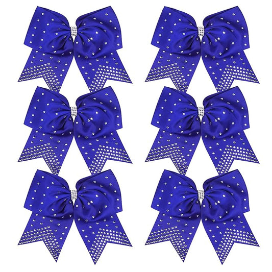 8 Inch Cheerleader Bows Ponytail Holder with Bling Fling Rhinestones Hair Tie Cheerleading Bows 6 Pcs (Royal Blue)