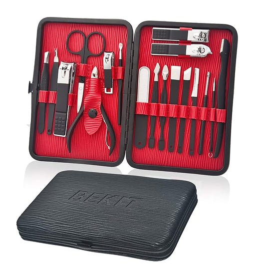 Manicure Set 18 in 1 Stainless Steel Professional Pedicure Kit Nail Scissors Grooming Kit Travel Case B01-Black