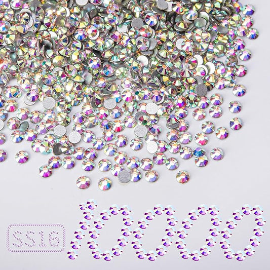 10000PCS Crystal AB Rhinestones Bulk, Flat Back Crystal Glass Stone Round Gems,SS16, 3.8-4.0mm