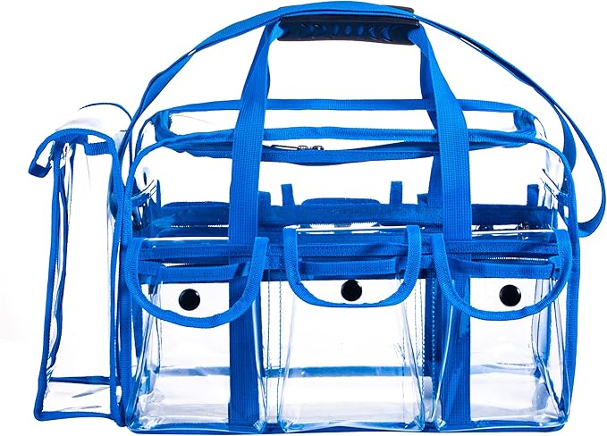 Wide Opening Large Professional Clear PVC Travel Makeup Artist Set Cosmetic Nails Beauty Transparent Vinyl Tool Organizer Work Beach Diaper Bag With 6 External Pockets & Strap (Blue)