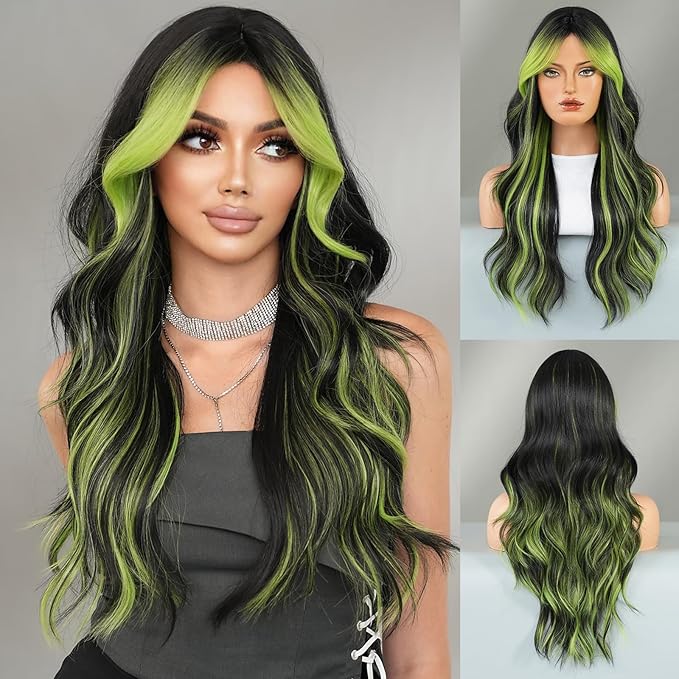 Black Wig Green Highlight Long Wavy Wig with Curtain Bang 26 Inch Ombre Black Green Wig Synthetic Heat Resistant for Women Daily Party used.