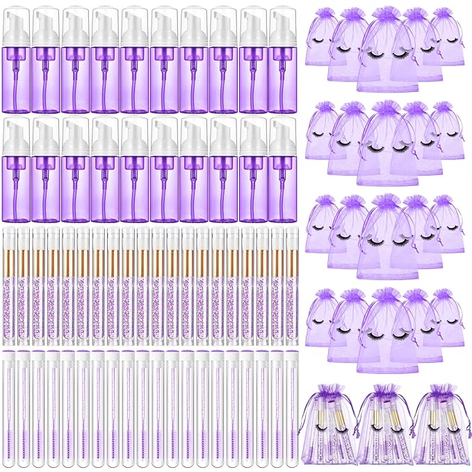 Zhehao 80 Pcs Lash Shampoo Bottle Brushes Kit 20 Foam Pump Dispensers 20 Lash Shampoo Brushes 20 Eyelash Aftercare Bag 20 Cleaning Pipes, Eyelash Extension Supplies(Purple)
