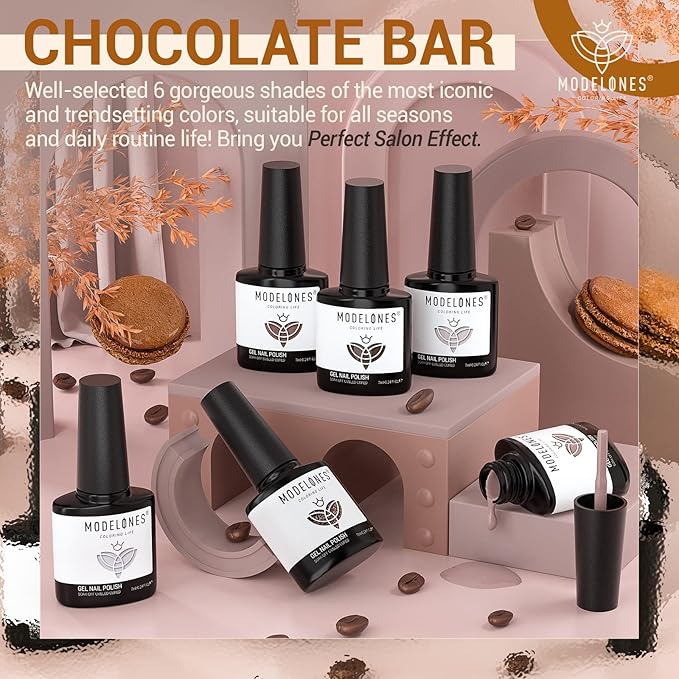 modelones Gel Polish Set - 6 Colors Chocolate Brown Coffee Kit Brown Glitter Nude Colors Gel Nail Kit Soak Off Popular Nail Art Gifts for Women DIY Manicure Home