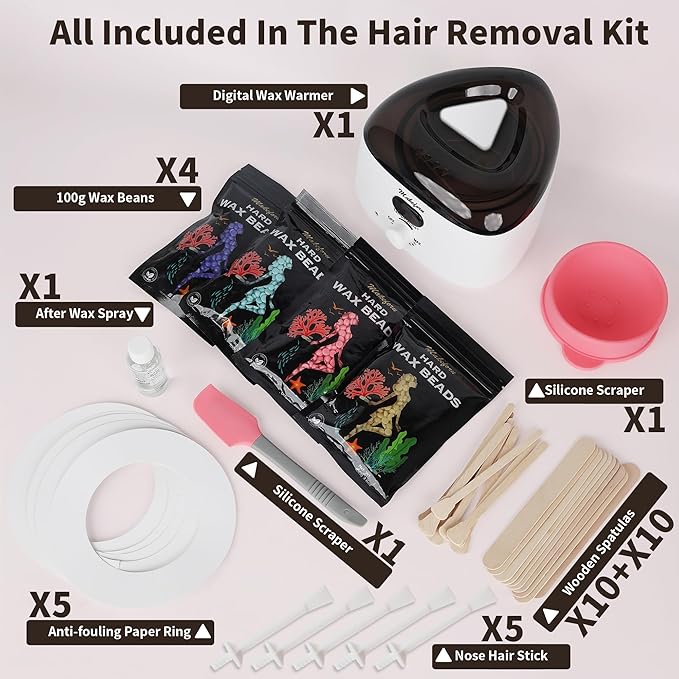 Brazilian Waxing Kit - Bikini & Full Body Hair Removal with Digital Warmer, 4 Scented Wax Beads & 33 Silicone Tools - Home Waxing for Women & Men, Face & Body Care (White)