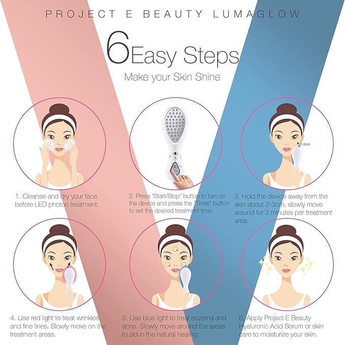 Project E Beauty LumaGlow Red & Blue LED Light Therapy Anti-Aging & Anti-Acne | Fine Lines & Wrinkles Scars | FDA-Cleared Handheld Device for Spa & Home Use