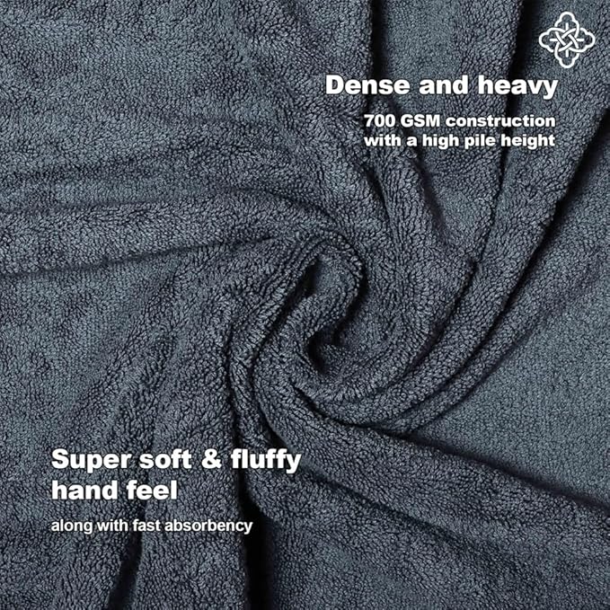 BIOWEAVES 100% Organic Cotton 700 GSM Plush 6-Piece Towel Set GOTS Certified, 2 Bath Towels, 2 Hand Towels & 2 Washcloths - Charcoal
