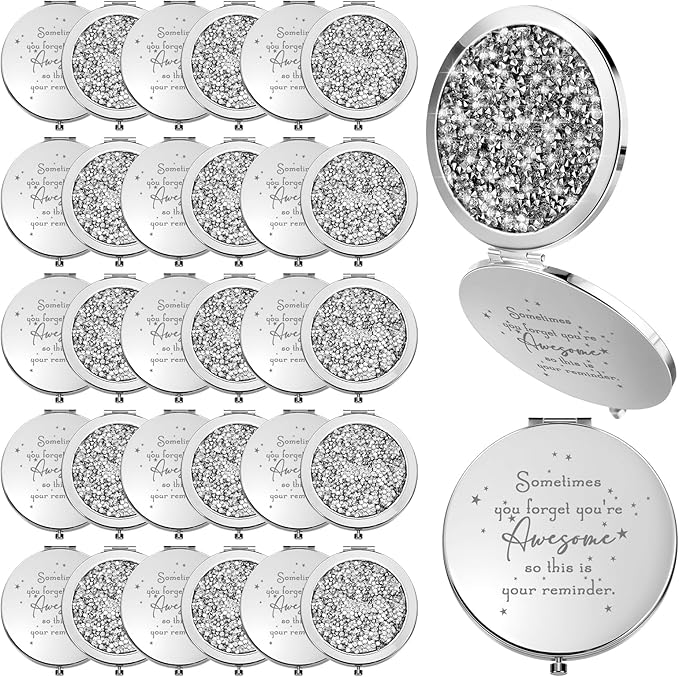 Roowest 30 Pcs Inspirational Compact Mirror Sometimes You Forget You're Awesome Appreciation Gifts for Women Mother's Day Party Favors Magnifying Pocket Mirror (White)