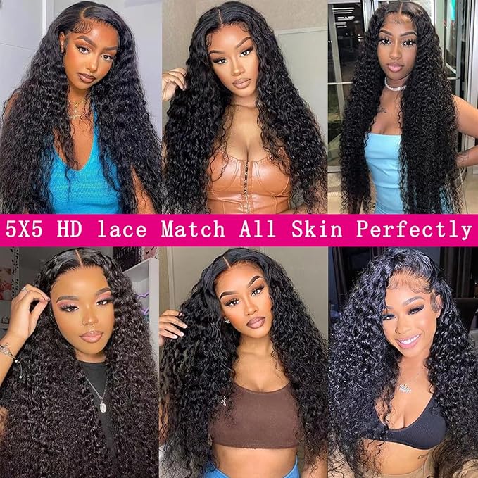 30 Inch 5x5 Hd Lace Closure Wigs Human Hair 5x5 Water Wave Closure Wig for Women 180 Density Curly Closure Wig Glueless Wet and Wavy Lace Closure Wigs Pre Plucked Natural Black