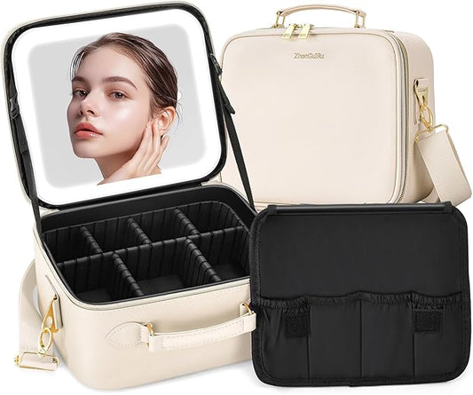 Travel Makeup Bag with Mirror and Light, Cosmetic Artist Organizer Case with LED Mirror, Travel Makeup Case for Cosmetic Brush Holder Storage, Toiletry Case for Women Gift