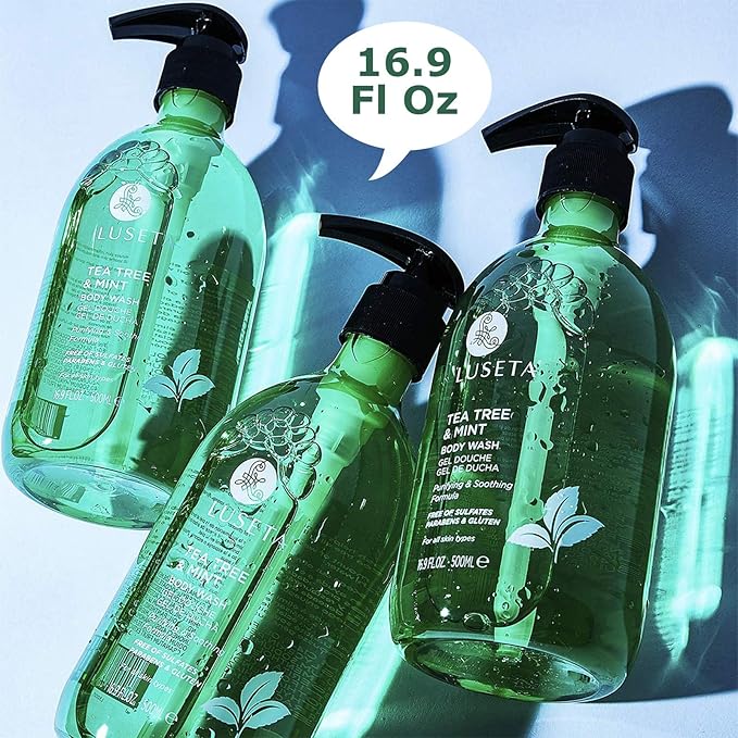 Luseta Tea Tree Oil Body Wash with Mint, Sulfate free, Helps Body Odor, Athlete's Foot, Jock Itch, Ringworm, Yeast Infections, Skin Irritations, Shower Gel for Women/Men 16.9oz