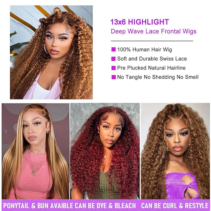 34inch Highlight Ombre 13x6 Lace Front Wig Human Hair Pre Plucked P4/27 Deep Wave Lace Front Wigs Honey Blonde HD Lace Frontal Wigs Human Hair 180% Density Colored curly Human Hair Wig