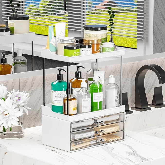 2 Tier 3-Drawer Bathroom Counter Storage Organizer - Stackable Design - 14.4" Tall Large Beauty Product Organizer Suitable as Makeup,Beauty,Face Product,Lotion,Skincare Organizer,White