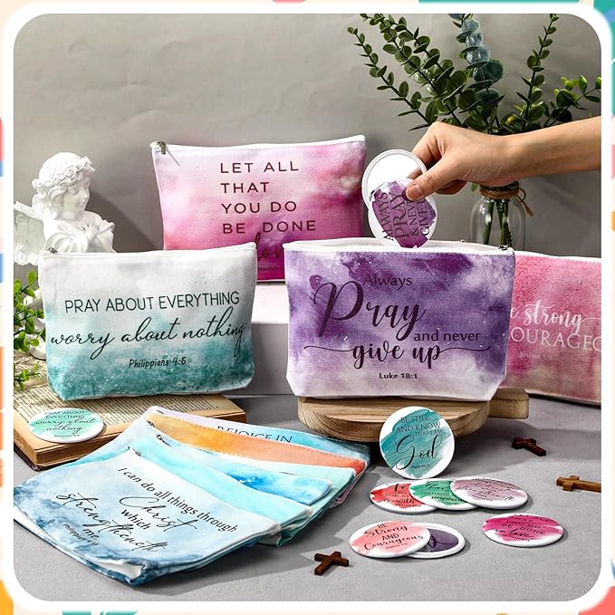 Reginary 20 Sets Christian Gifts for Women Include 20 Religious Canvas Makeup Bags with 20 Bible Verse Compact Mirrors Mother's Day Inspirational Birthday Gift for Mom (Watercolor,Classic Style)
