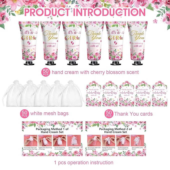 50 Pack Bulk Hand Cream Sets, Bridal Shower Favors, Appreciation Gifts and Baby Shower Favors for Guests with Thank You Card and Organza Gift Bags, Wedding Party Favors (Baby Girls)