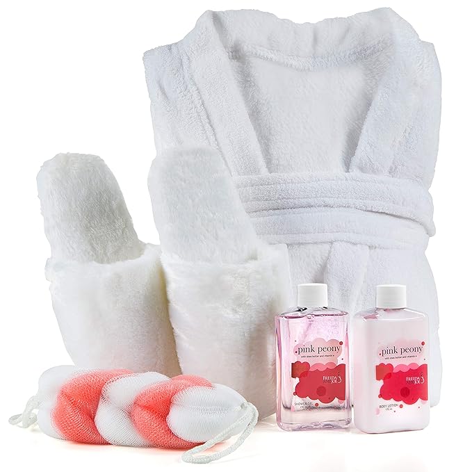 Luxury Home Spa Gift Basket with Pink Peony Scent - Indulgent Ultra Soft Bathrobe & Plush Slipper Spa Box for Women - Complete Bath & Body Set Luxury Body Care Mother’s Day Gift for Mom