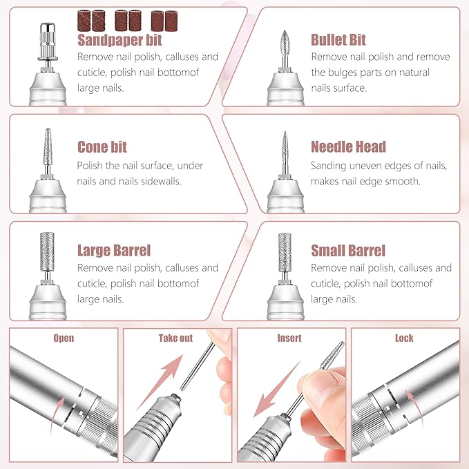 35000RPM Electric Nail Drill, with 4 Ultra Hard Wear-Resistant Ceramic Drill Bits & 6 Metal Nail Drill Machine Bits, Acrylic Gel Nails, DIY Manicure Pedicure Tools for Home and Salon Use (Blue Pink)