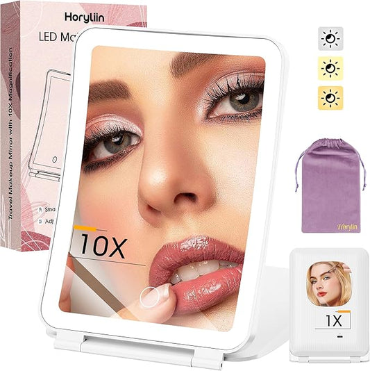 10X/1X Magnification Lighted Makeup Mirror with Lights, Rechargeable Magnifying Mirror with 80LED&2000mAh Battery, Portable Travel Vanity Mirror with 3 Colors Dimmable Lighting, Travel Essentials