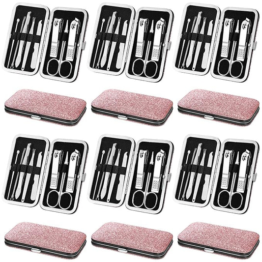 Geosar 12 Sets Manicure Set Nail Clippers Pedicure Kit 8 in 1 Stainless Steel Professional Grooming Kits Nail Care Tools with Travel Case for Men Women(Glitter Pink)