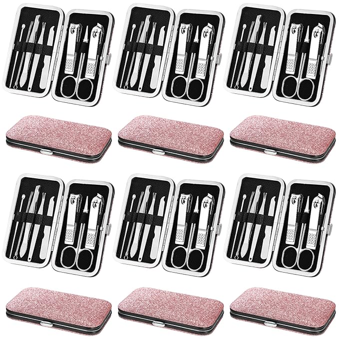 Geosar 12 Sets Manicure Set Nail Clippers Pedicure Kit 8 in 1 Stainless Steel Professional Grooming Kits Nail Care Tools with Travel Case for Men Women(Glitter Pink)