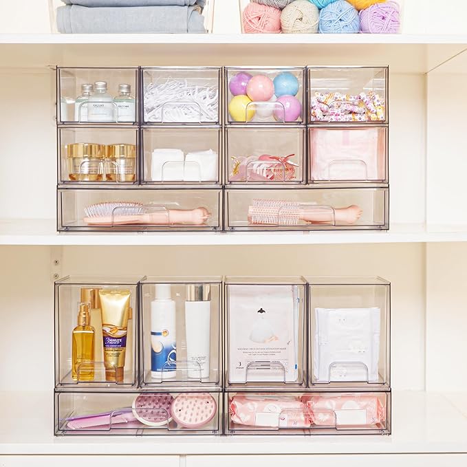 Vtopmart 4 Pack Clear Stackable Storage Drawers,7.6" H Plastic Organizers Bins for Skincare, Bathroom Supplies,Ideal for Cabinet,Undersink,Vanity,Kitchen,Pantry Organization