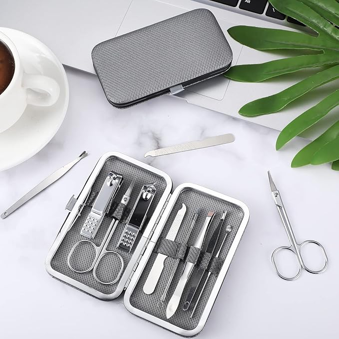 Lasnten 24 Set Manicure Set Bulk Nail Clippers Grooming Nail Kit Stainless Steel Professional Pedicure Kit Pedicure Tools with Travel Case Gifts for Men Women Personal(8 in 1,Gray, Silver)