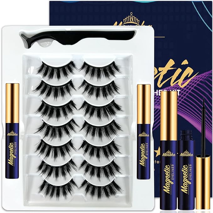 Menaka Magnetic Eyelashes Natural Look, Magnetic Lashes with Eyeliner Kit - Upgraded 2 Tubes of Waterproof Eyeliner, Long Lasting,7 Pairs Reusable,No Glue Need