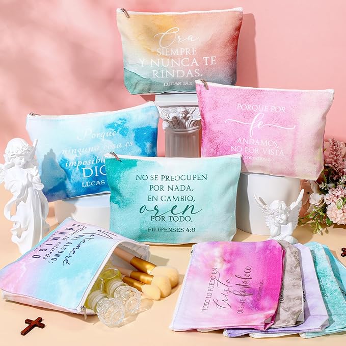 10Pcs Christian Gifts for Women Religious Cosmetic Bags Inspirational Bible Verse Pencil Pouch Canvas Makeup Bags Bulk with Zipper for Mother Sister Church Favors