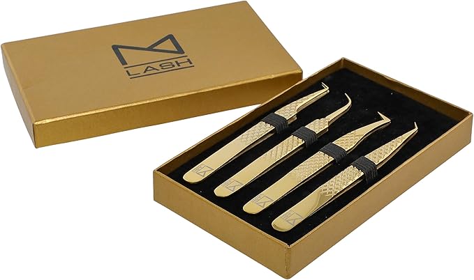 M LASH Tweezers for Eyelash Extensions (Set of 4) - Professional Lash Extension Tweezers - Fiber Tip, Japanese Steel, Diamond Grip Eyelash Extension Tweezer (Gold)