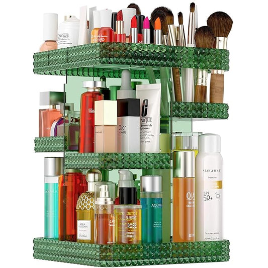 360 Rotating Makeup Organizer, Acrylic DIY Adjustable Bathroom Makeup Carousel Spinning Holder Rack, Large Capacity Cosmetics Storage Box Vanity Countertop, Skin-care Organizers (Green)