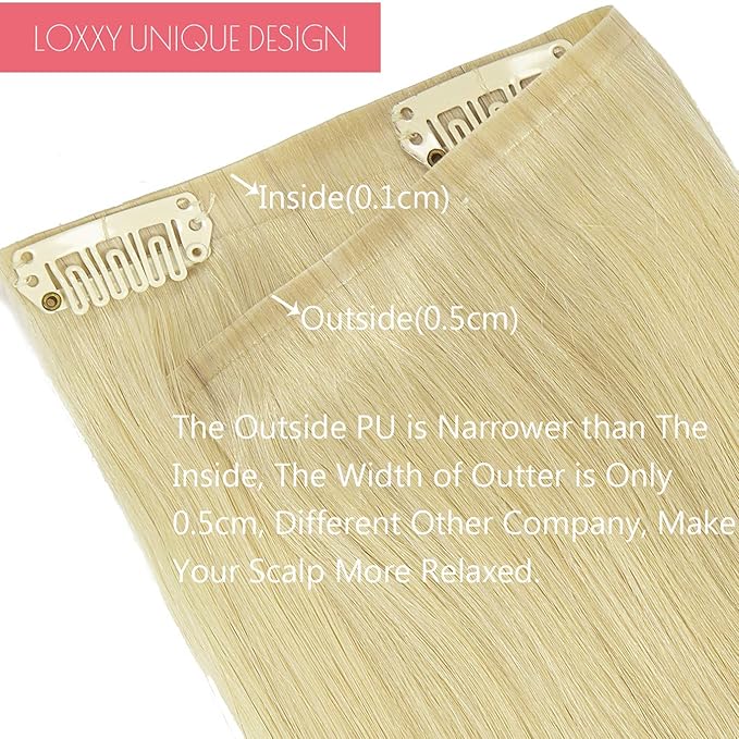 Loxxy Seamless Hair Extensions - 14Inch 110Gram 7Pcs Bleach Blonde #60 Highlights Clip in Human Hair Invisible PU Double Weft Natural Tape Clip in Human Hair For Women