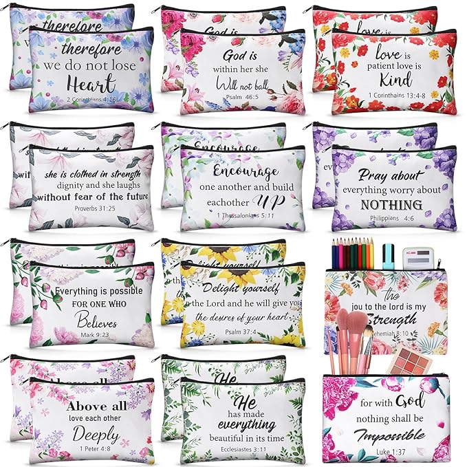 24 Pcs Christian Makeup Bag Bible Cosmetic Bags Inspirational Bible Verse Toiletry Pouches Canvas Motivational Pouches with Zipper for Women Organize Cosmetics Toiletries Stationery(Floral)
