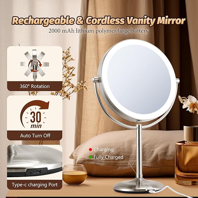 15X Magnifying Mirror with Light: 9 inch Lighted Makeup Mirror, 360Rotation Touch Screen Rechargeable, Double Sided LED Vanity Mirror, Brushed Nickel