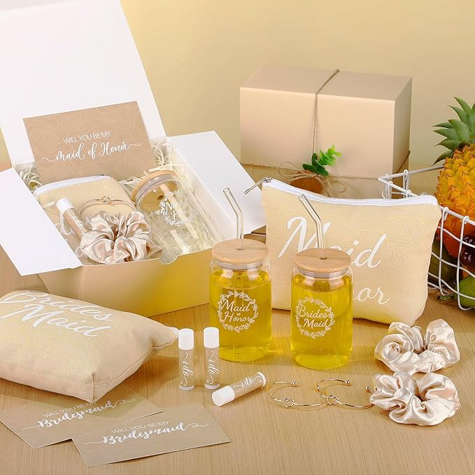 54 Pcs Bridesmaid Proposal Gifts Bridesmaid Box Set Include Bridal Shower Gift Box Makeup Bag Invited Card Glass Cup Lip Balm Scrunchie Hair Knotted Bracelet for Maid of Honor(Beige)