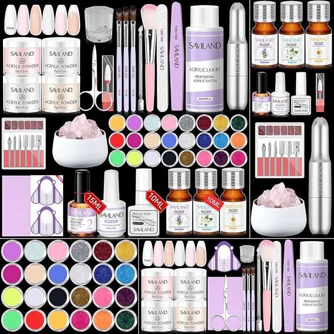 SAVILAND Acrylic Nail Kit with Drill & Essential Oil: Professional Acrylic Nails Kit for Beginners with Everything Nail Powder Set & Liquid Nail Primer Starter DIY Home Salon Art
