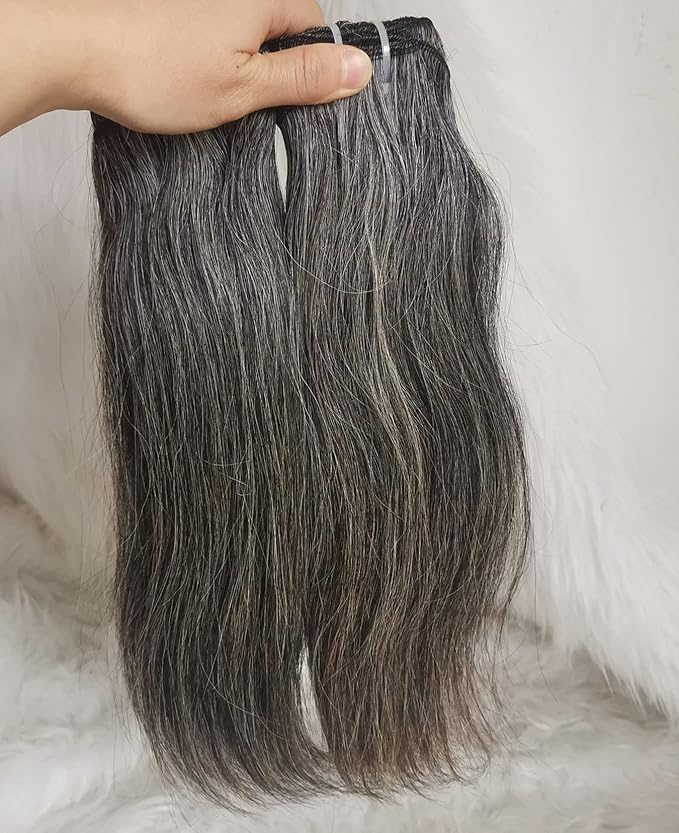 Raw Unprocessed Gray Hair Human Hair Bundles Natural Grey Hair Real One Donor Salt And Pepper Virgin Hair Weave (14" 16")
