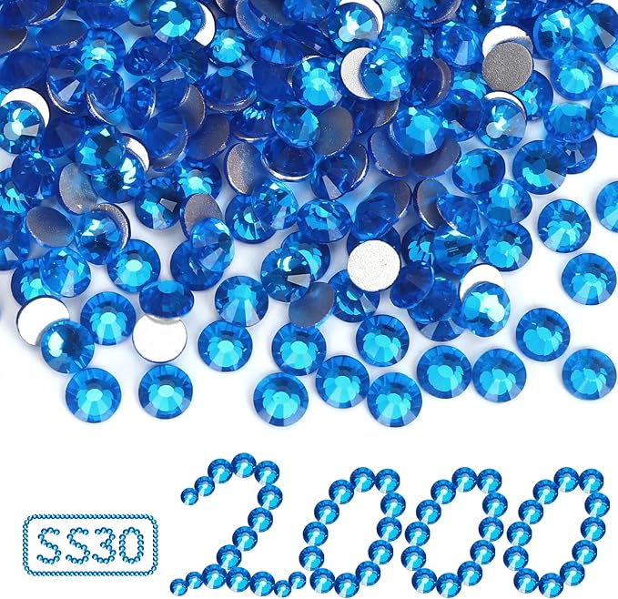 2000PCS Capri Blue Rhinestones Bulk, Flat Back Crystal Glass Stone Round Gems,SS30, 6.4-6.6mm