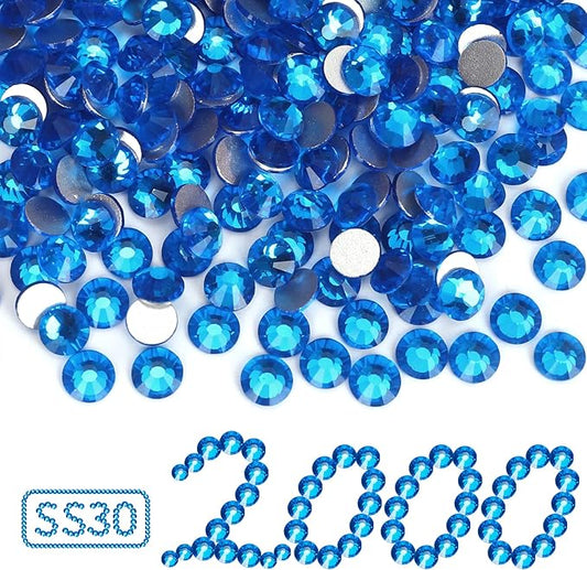 2000PCS Capri Blue Rhinestones Bulk, Flat Back Crystal Glass Stone Round Gems,SS30, 6.4-6.6mm