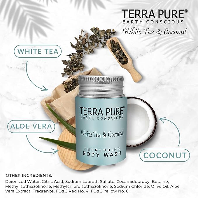 Terra Pure White Tea & Coconut Body Wash, Travel Size Hotel Amenities, 1 oz. (Case of 100)