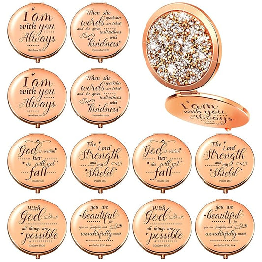Thyle 12 Pcs Christian Compact Mirror Gifts for Women Bible Verse Bulk Hand Makeup Compact Purse Mirror Inspirational Religious Baptism Gift for Teacher Mother's Day Women Nurse(Rose Gold)