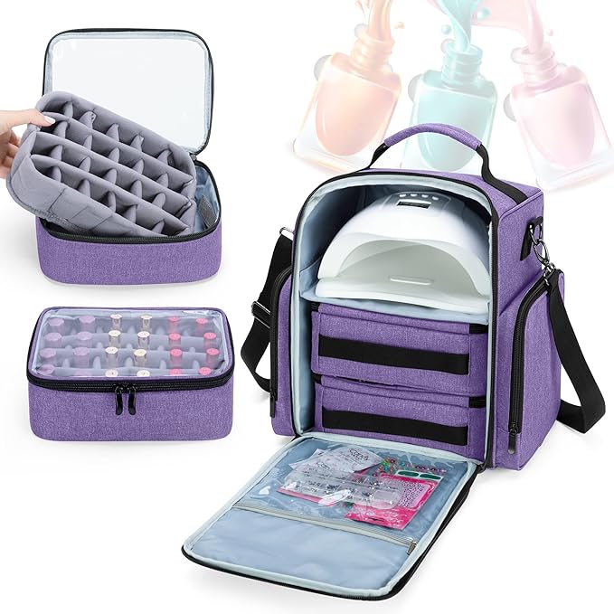 BAFASO Nail Polish Organizer Holds 48 Bottles (15ml - 0.5 fl.oz) and a Nail Lamp, Large Nail Polish Case with 2 Removable Pouches and Multiple Storage Sections (Patented Design), Purple