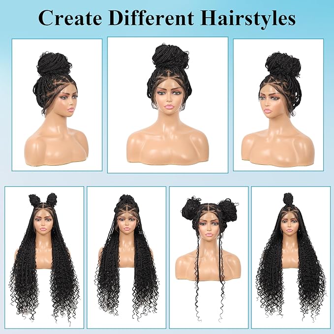360° Hd Full Lace Boho Braided Wigs for Women Knotless Box Braid Wig with Baby Hair Natural Black Human Hair Blended Braided Lace Front Wigs 36"