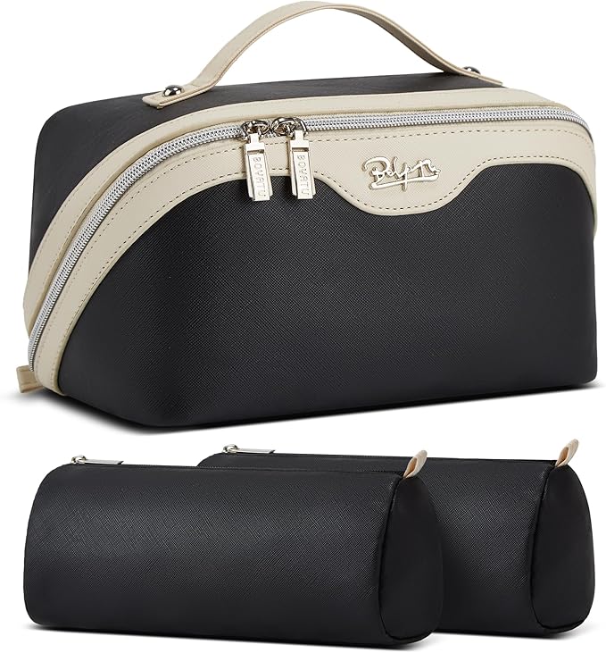 BOYATU Travel Makeup Bag Set: Portable Make up Bag for Traveling - Leather Cosmetic Bags for Women - Waterproof Toiletry Organizer Bags with Handle (D-03-Black)