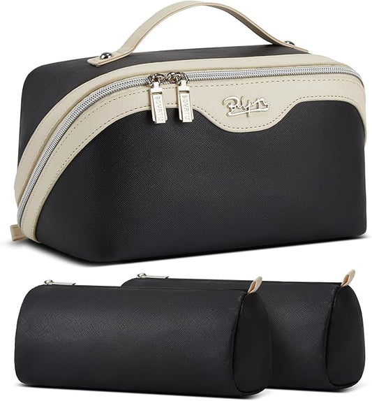 BOYATU Travel Makeup Bag Set: Portable Make up Bag for Traveling - Leather Cosmetic Bags for Women - Waterproof Toiletry Organizer Bags with Handle (D-03-Black)